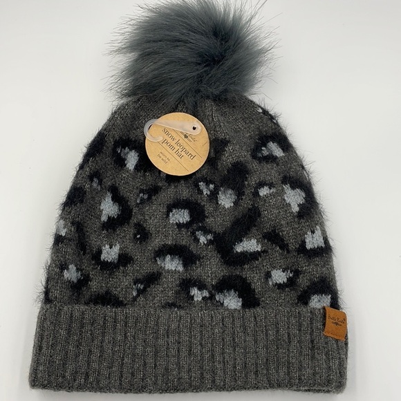 Britt’s Knits Accessories - NWT Britt’s Knits Beanie Snow Leopard with Pom Dark Gray